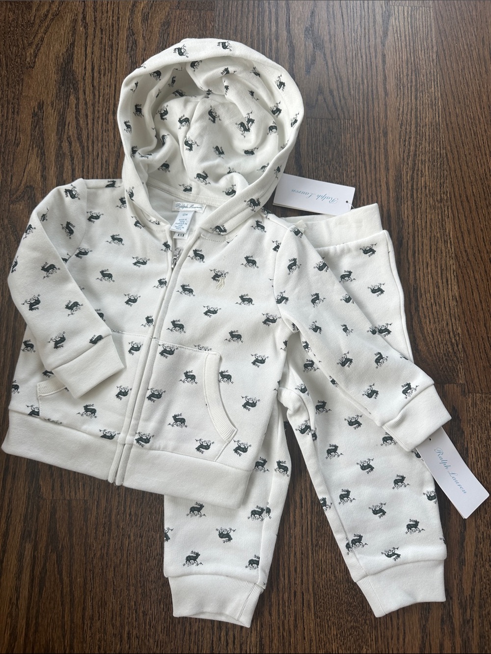 Ralph Lauren Cream Hooded Pajama Set with Dark Gray Moose Print 12M NWT